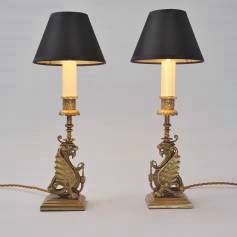 Antique pair Gothic Revival griffins lions candlestick table lamps, 1880`s ca, English